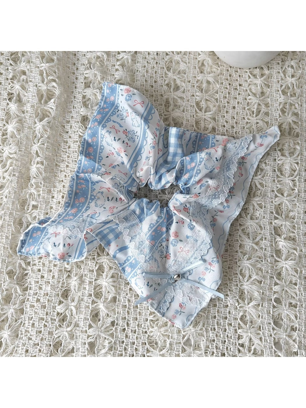 Gifty - Rabbit Print Lace Trim Square Scarf Scrunchie