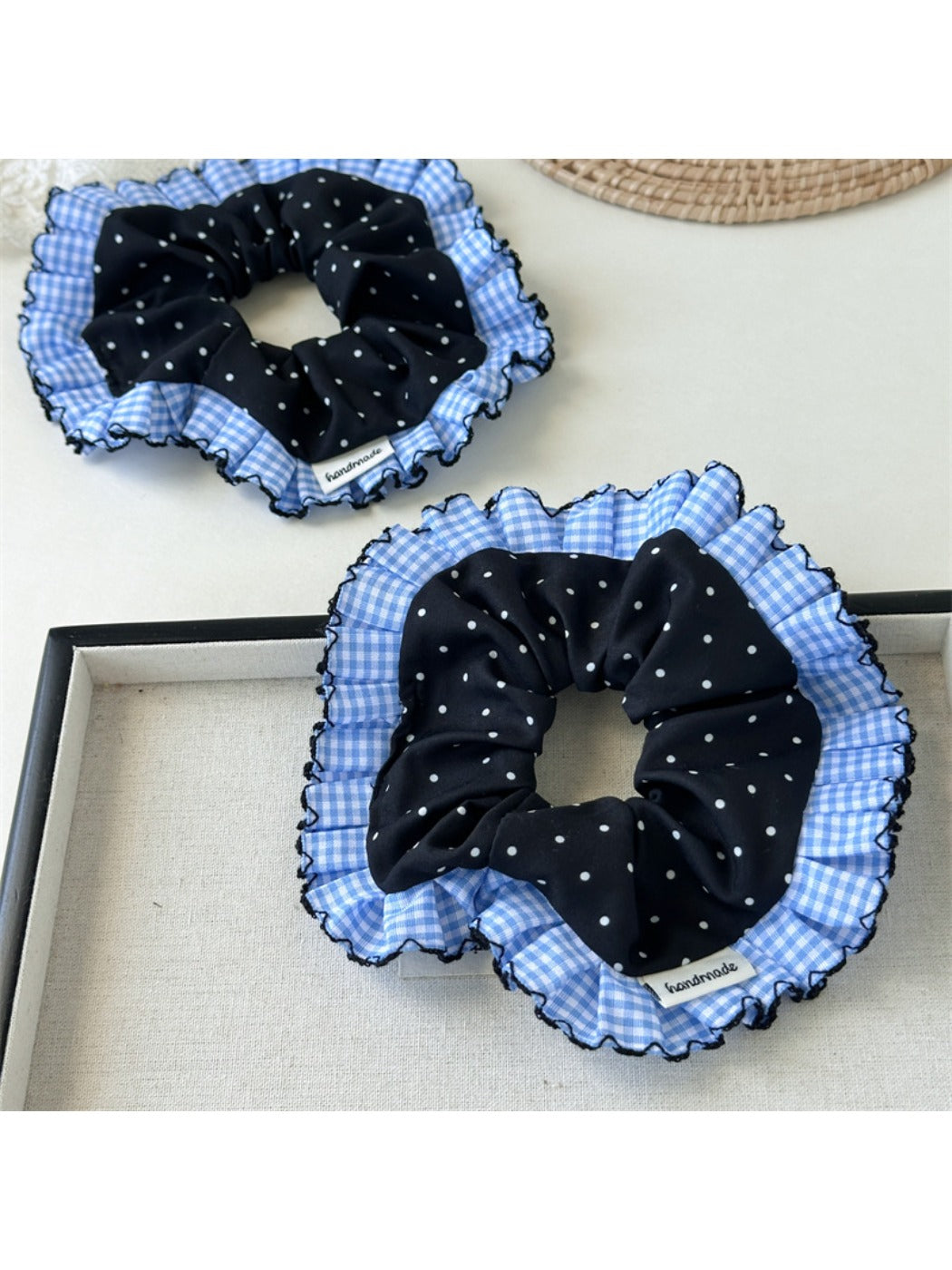Gifty - Polka Dot Blue Plaid Lace Scrunchie