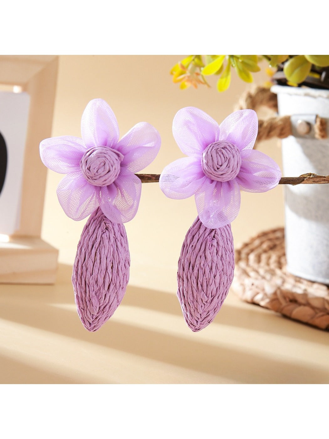 Sweet Raffia Lace Flower Shaped Earrings styled with casual outfit on model