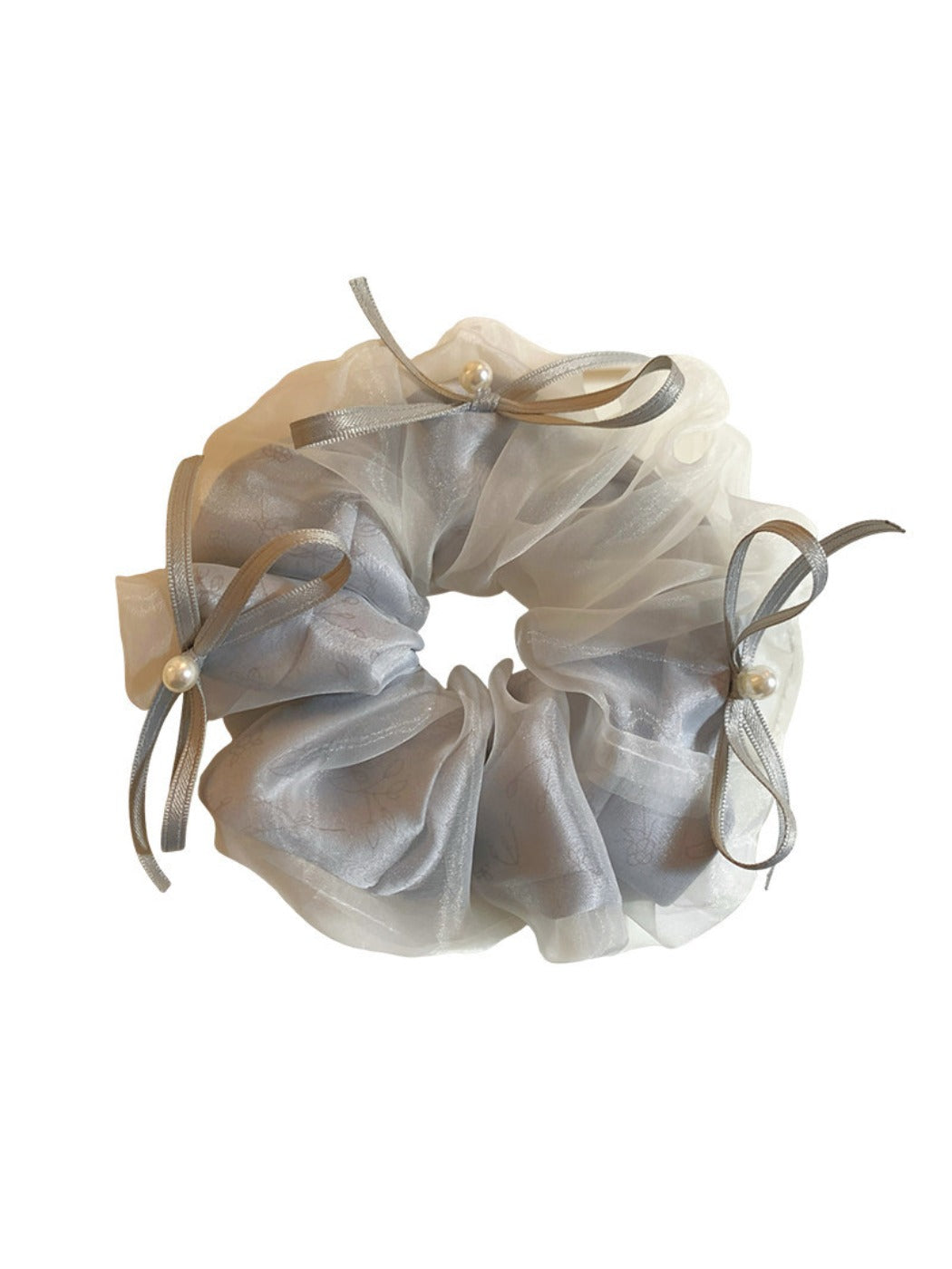 Side view of Gifty tulle ribbon bow scrunchie showing layered bow design