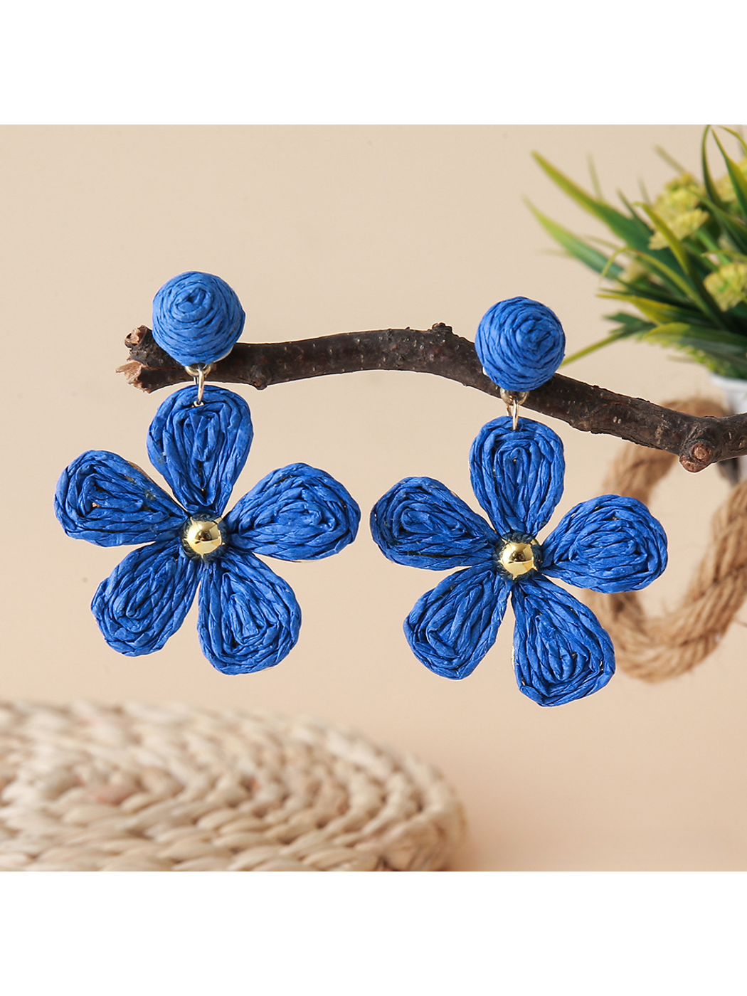 Earedge floral raffia woven vintage drop earrings styled with casual outfit