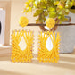 Earedge raffia wrapped square earrings styled with casual outfit