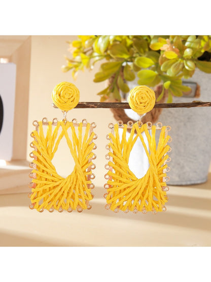 Earedge raffia wrapped square earrings styled with casual outfit