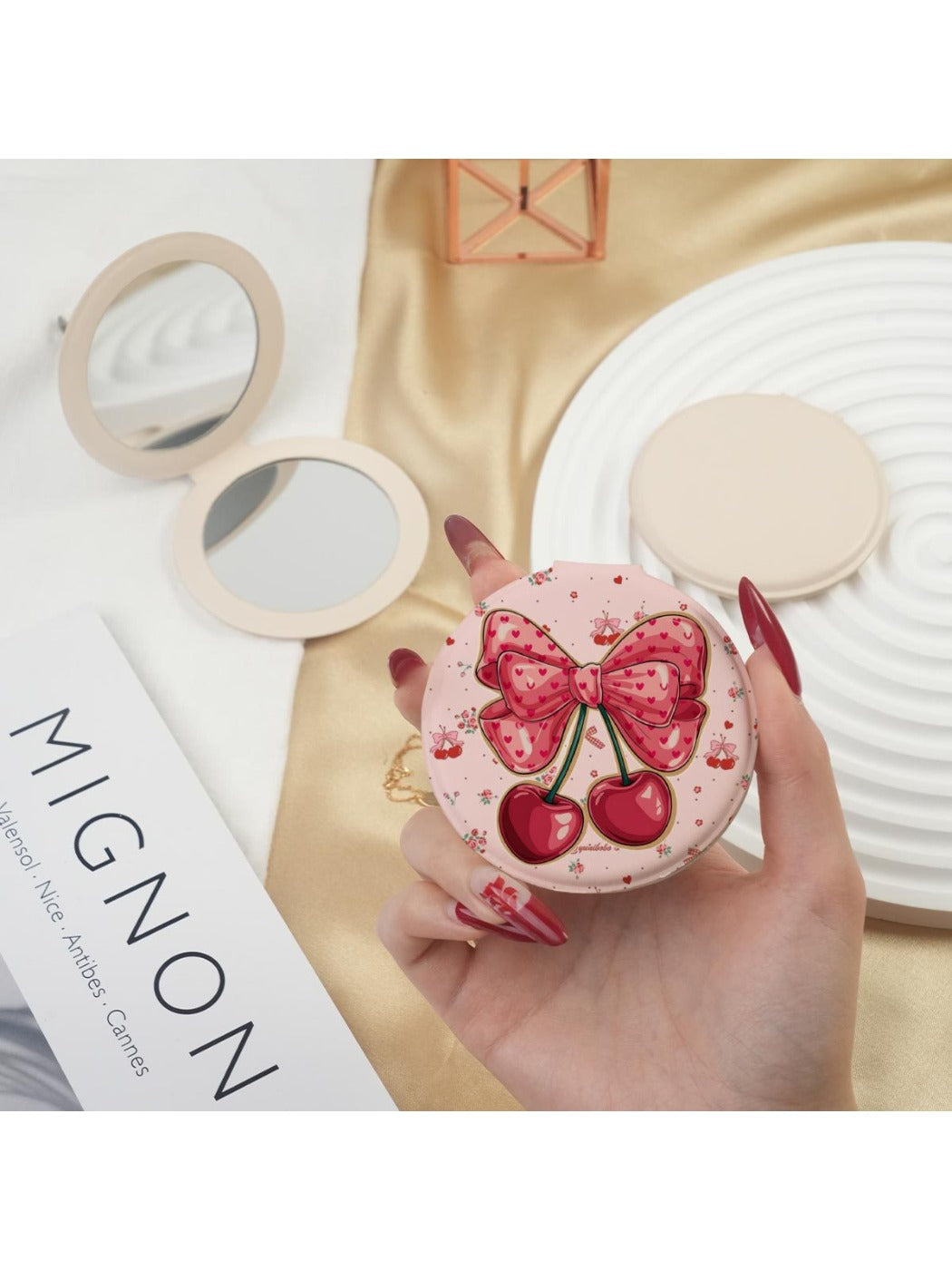 Mirroray - Bow and Cherry Pattern Compact Mirror