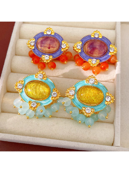 Earedge - Retro Oval Resin Rhinestone Stud Earrings