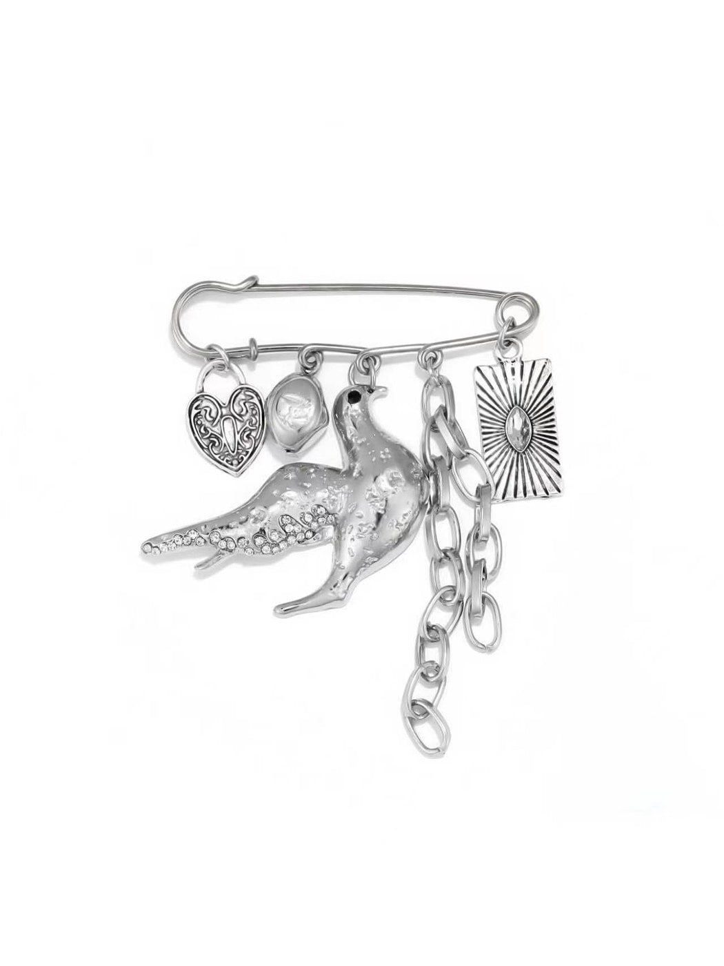 Brovia - Punk Bird Chain Detail Alloy Statement Brooch