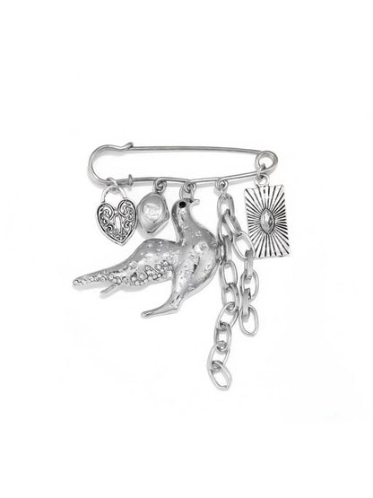 Brovia - Punk Bird Chain Detail Alloy Statement Brooch