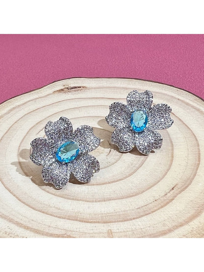 Earedge - Floral Synthetic Zircon Plated Alloy Stud Earrings