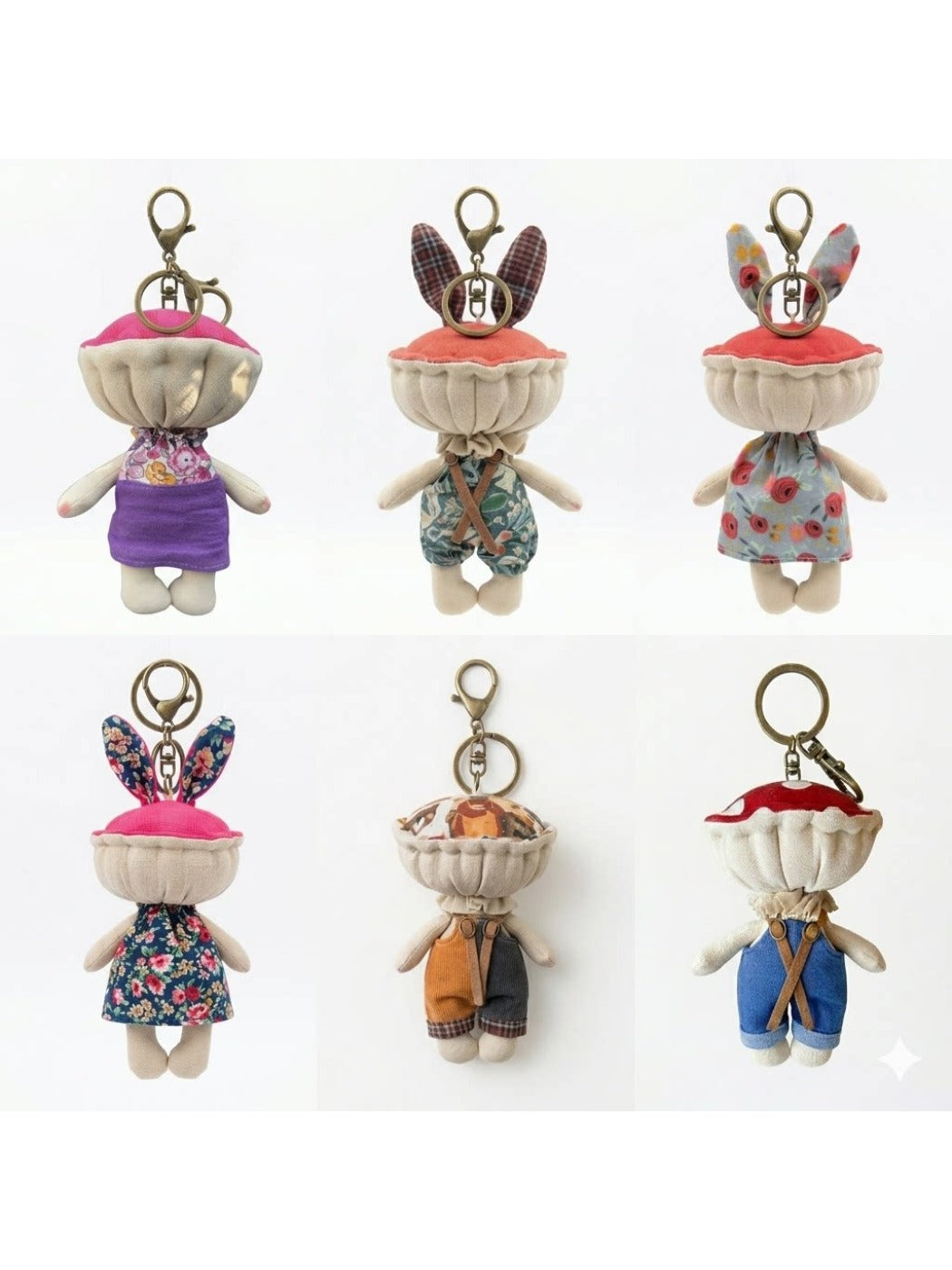 Back view of Keypus fabric doll bag charm highlighting fabric texture and tag