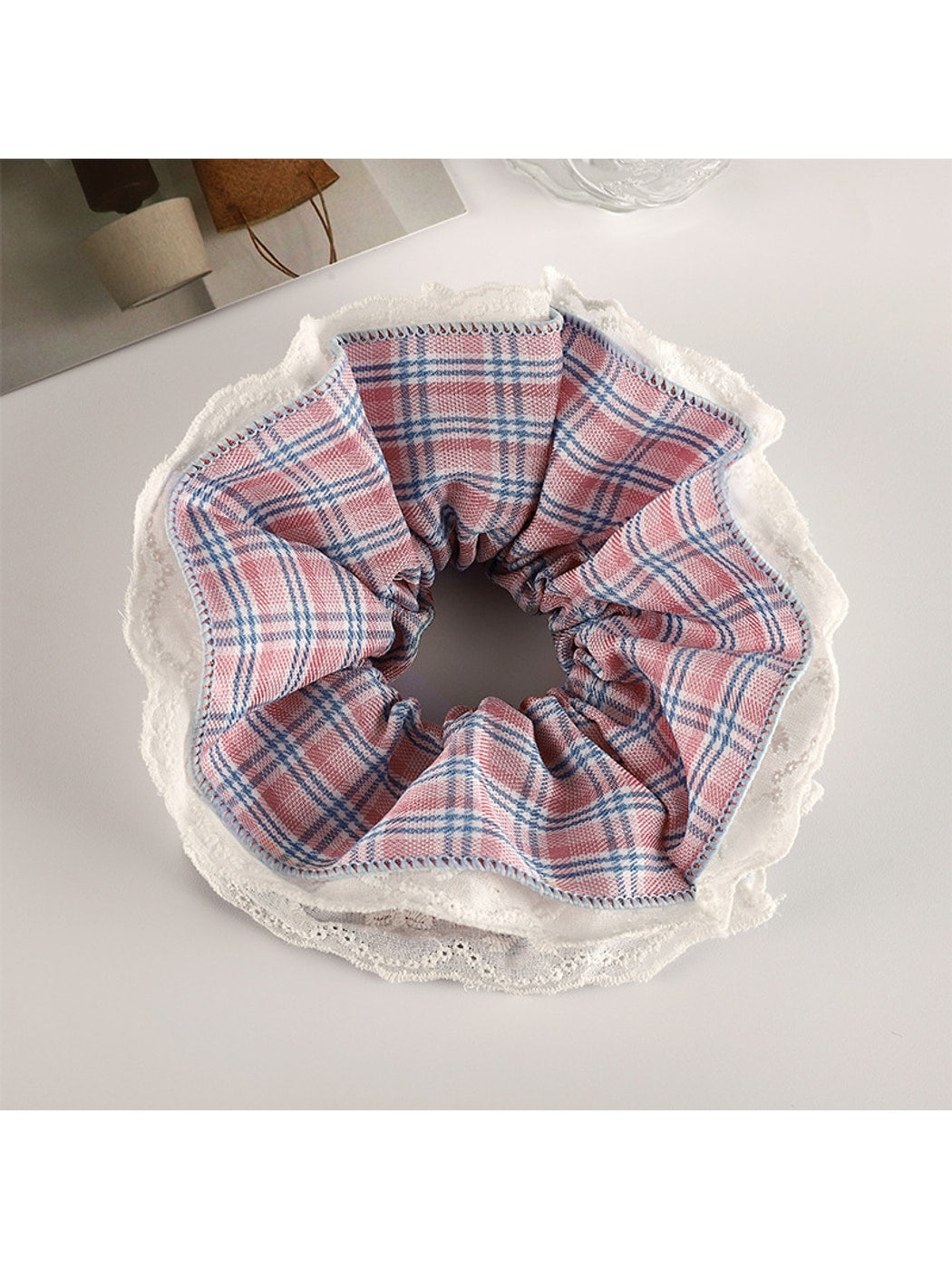 Gifty - Pink Plaid Lace Trim Polyester Fabric Scrunchie