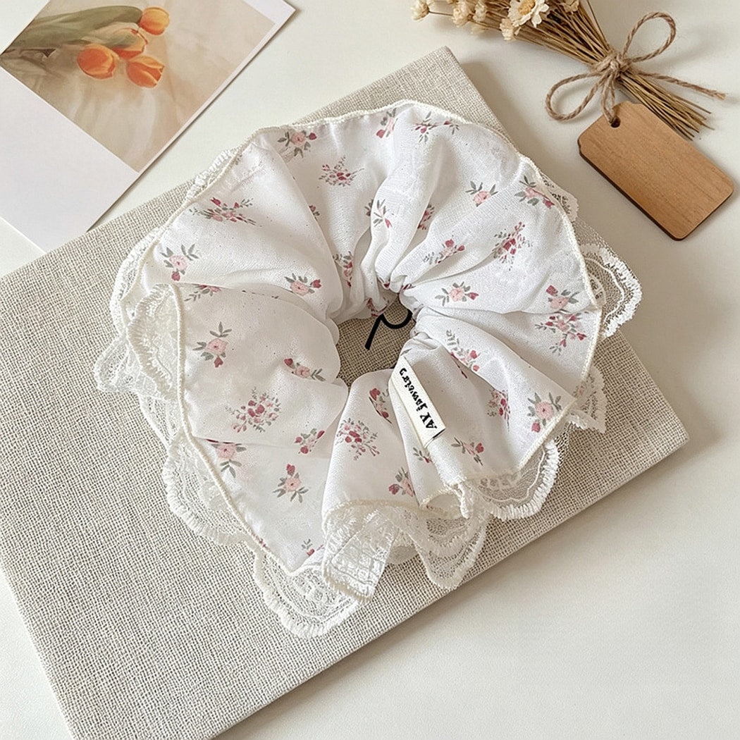Gifty - Ruffled Floral Lace Edge Fabric Scrunchie