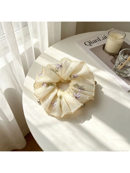 Gifty - Embroidered Floral Mesh Ruffle Edge Scrunchie