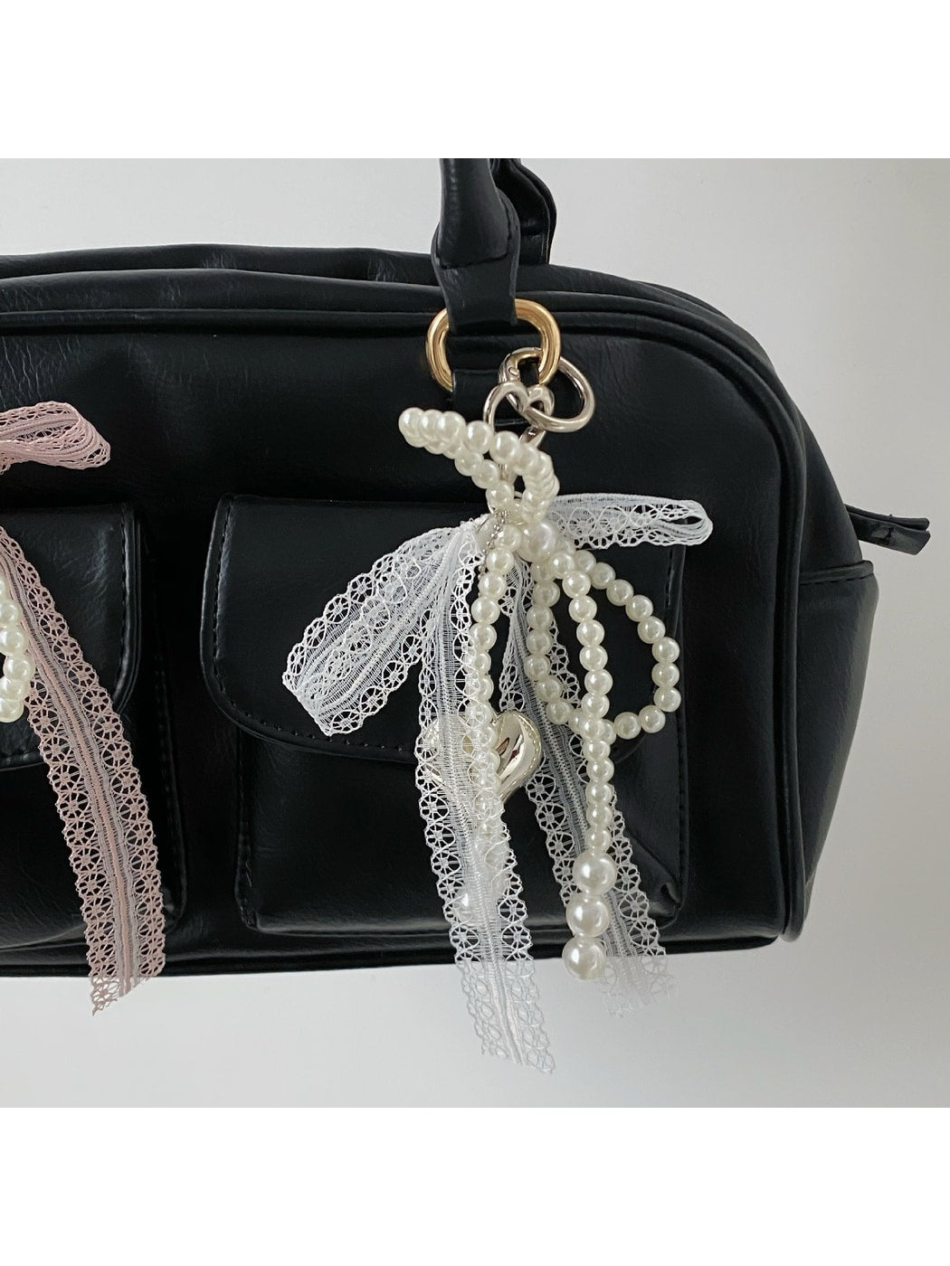 Keypus - Lace Bow Beaded Heart Pendant Bag Charm Keychain