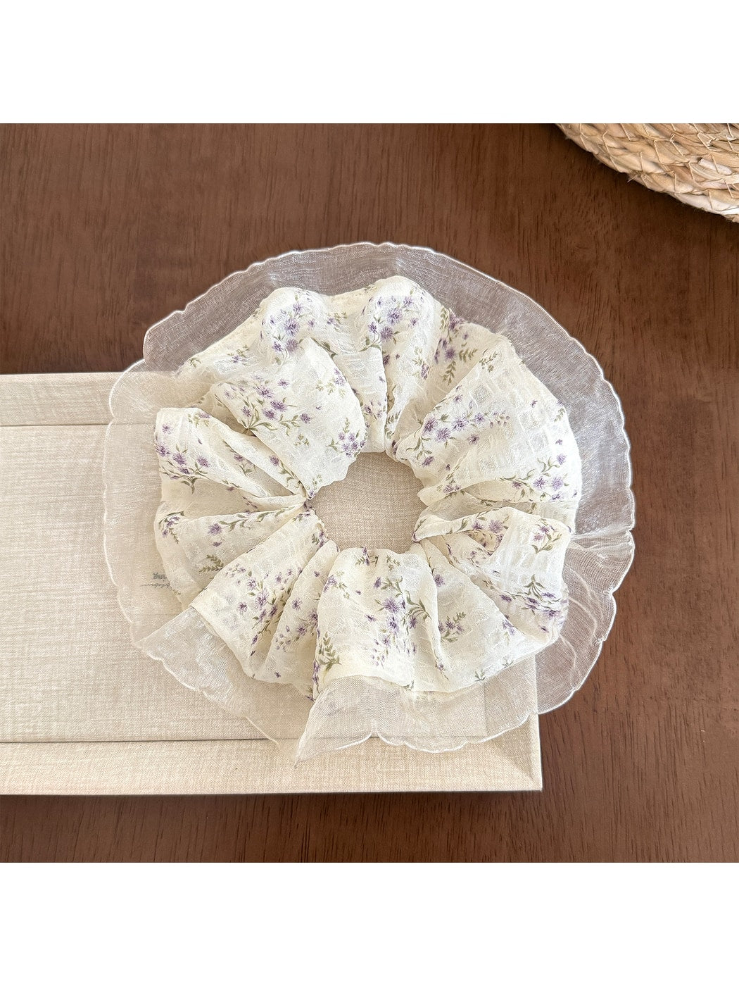 Gifty - Ruffled Floral Polyester Mesh Look Scrunchie