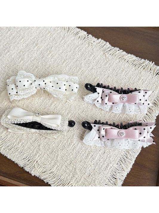Beau - Polka Dot Lace Bow Banana Hair Barrette Clip
