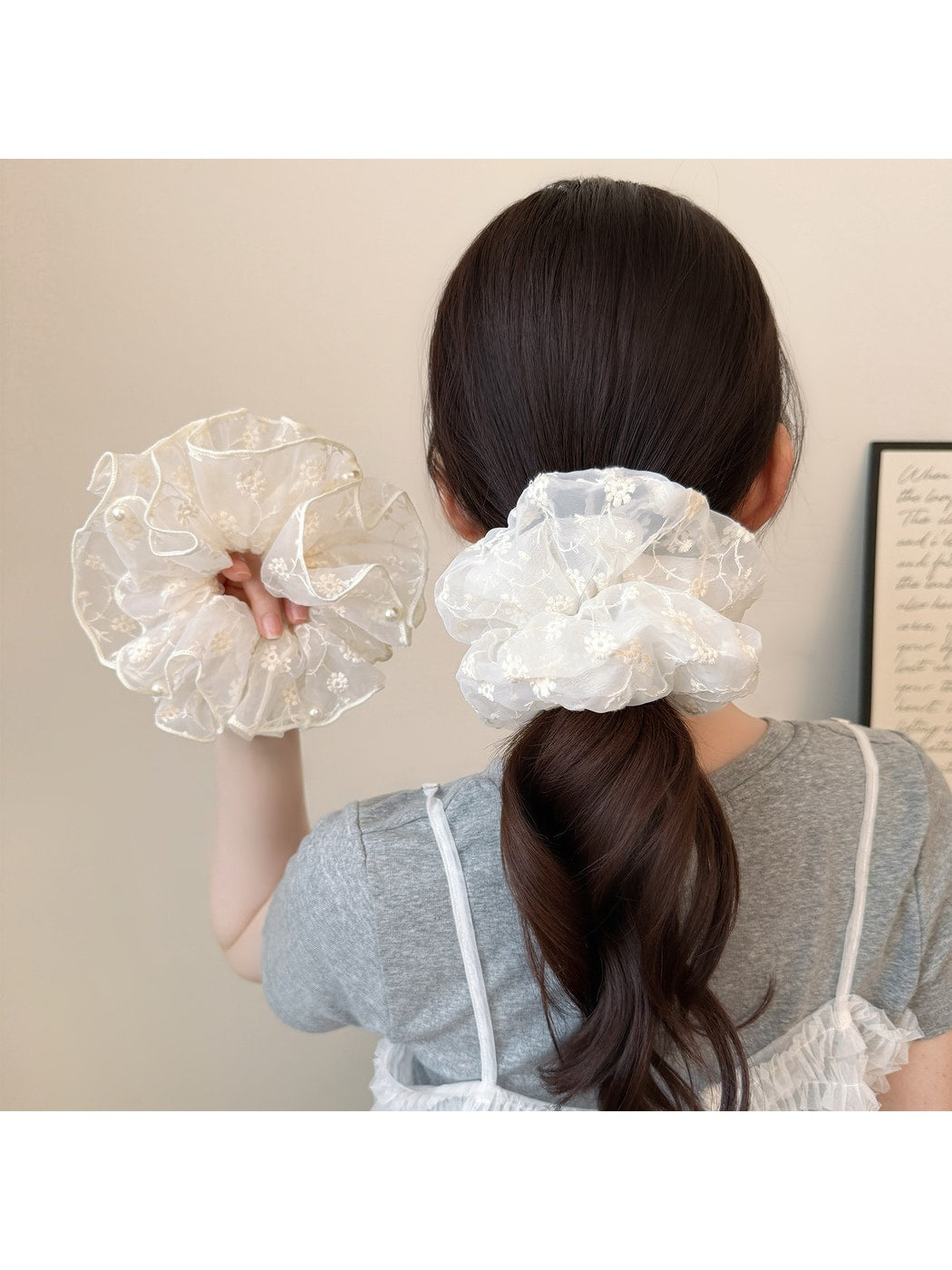 Gifty - Ruffled Lace Embroidery Ponytail Hair Scrunchie