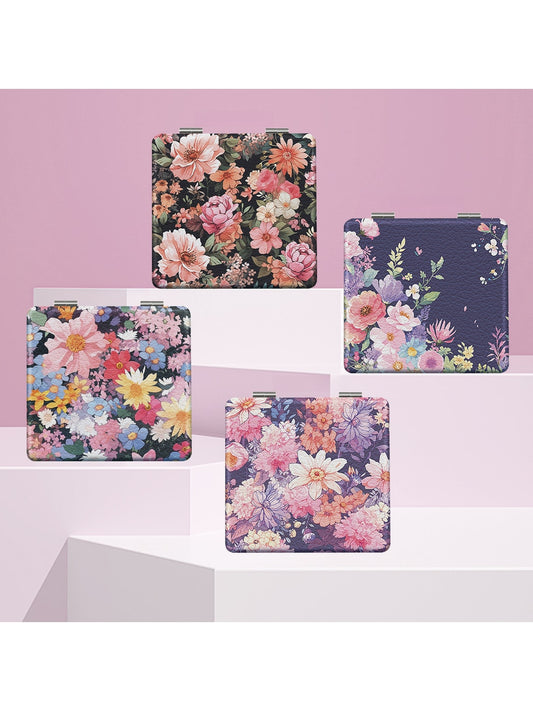 Mirroray - Floral Print PU Folding Makeup Mirror