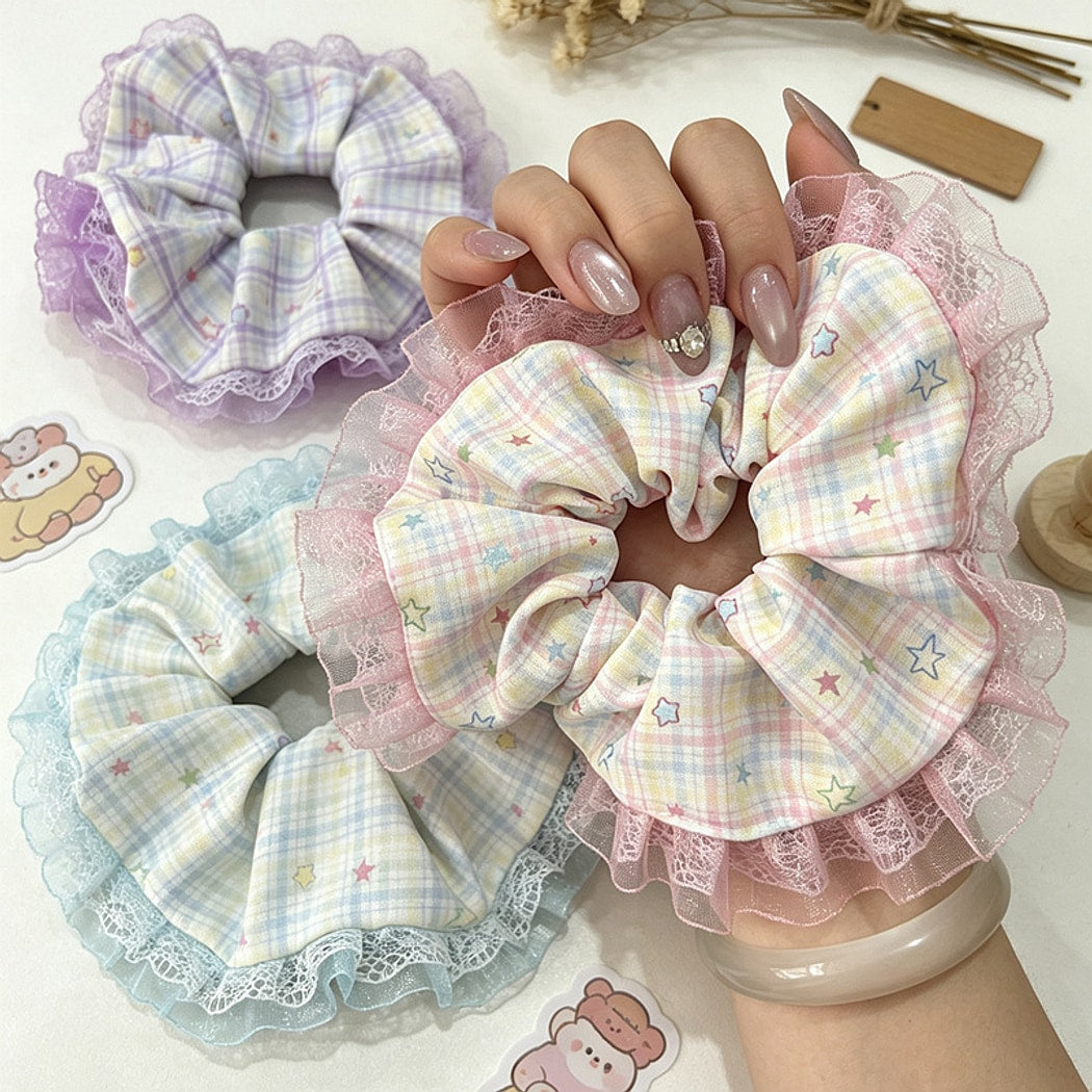 Gifty - Pastel Star Pattern Lace Edge Ponytail Scrunchie