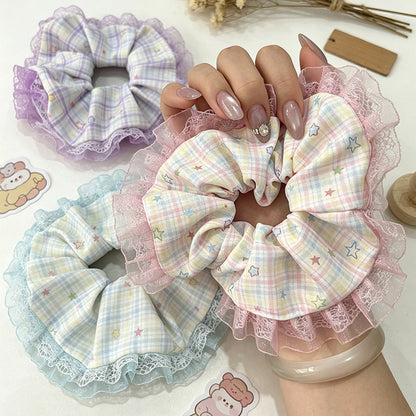 Gifty - Pastel Star Pattern Lace Edge Ponytail Scrunchie
