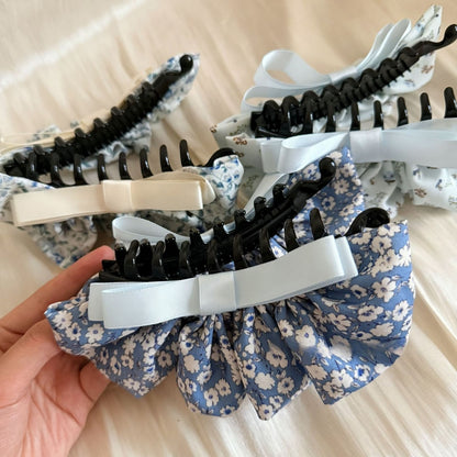 Beau - Floral Ruffle Bow Ponytail Banana Clip