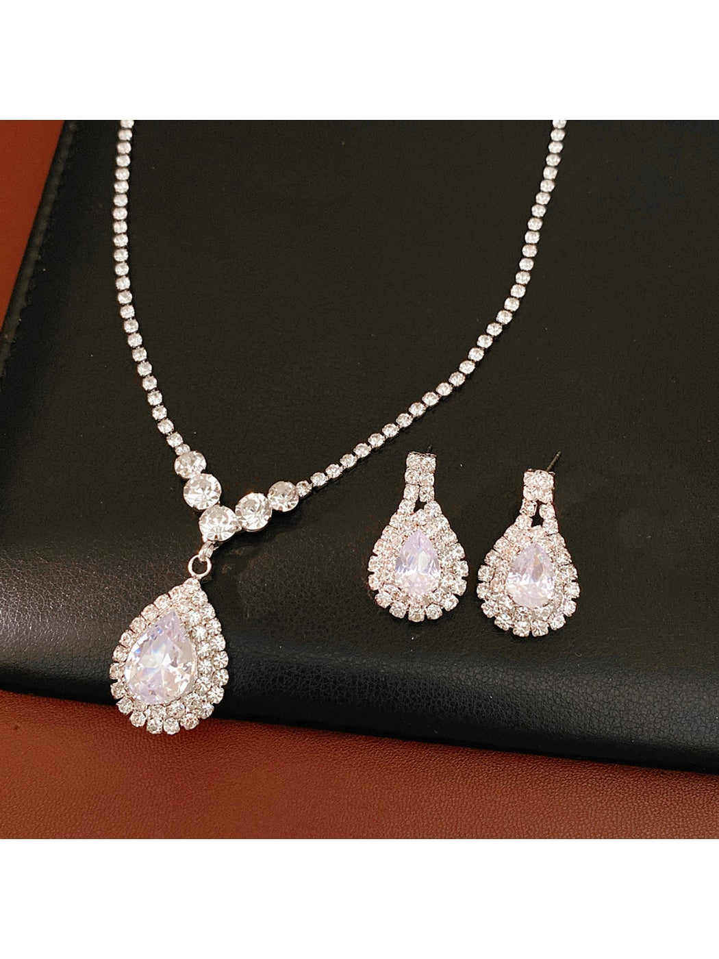 Nozari - Rhinestone Water Drop Necklace and Earrings Set