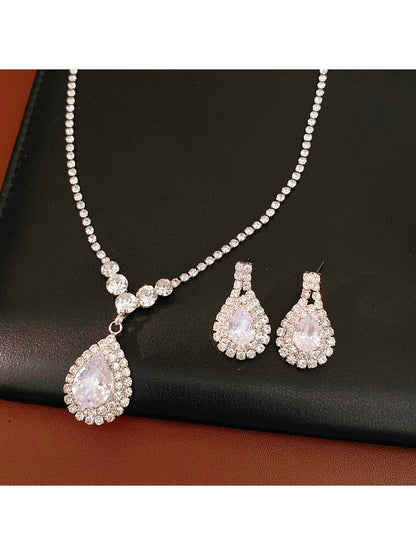 Nozari - Rhinestone Water Drop Necklace and Earrings Set