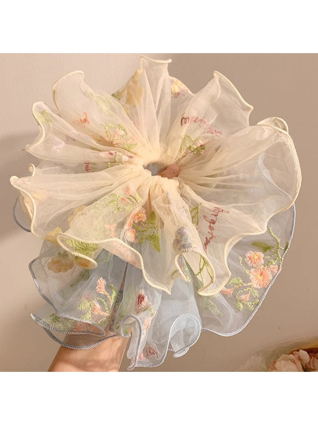 Gifty - Embroidered Sheer Ruffled Polyester Scrunchie