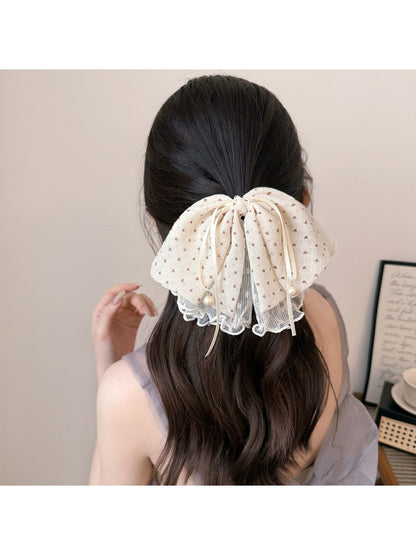 Beau - Polka Dot Ribbon Bow Lace Trim Hair Clip