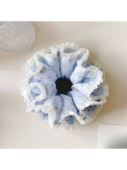 Gifty polka dot double layer lace scrunchie styled in a ponytail on a model