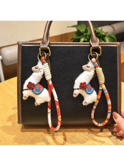 Alpaca charm keychain attached to a set of keys on a wooden surface