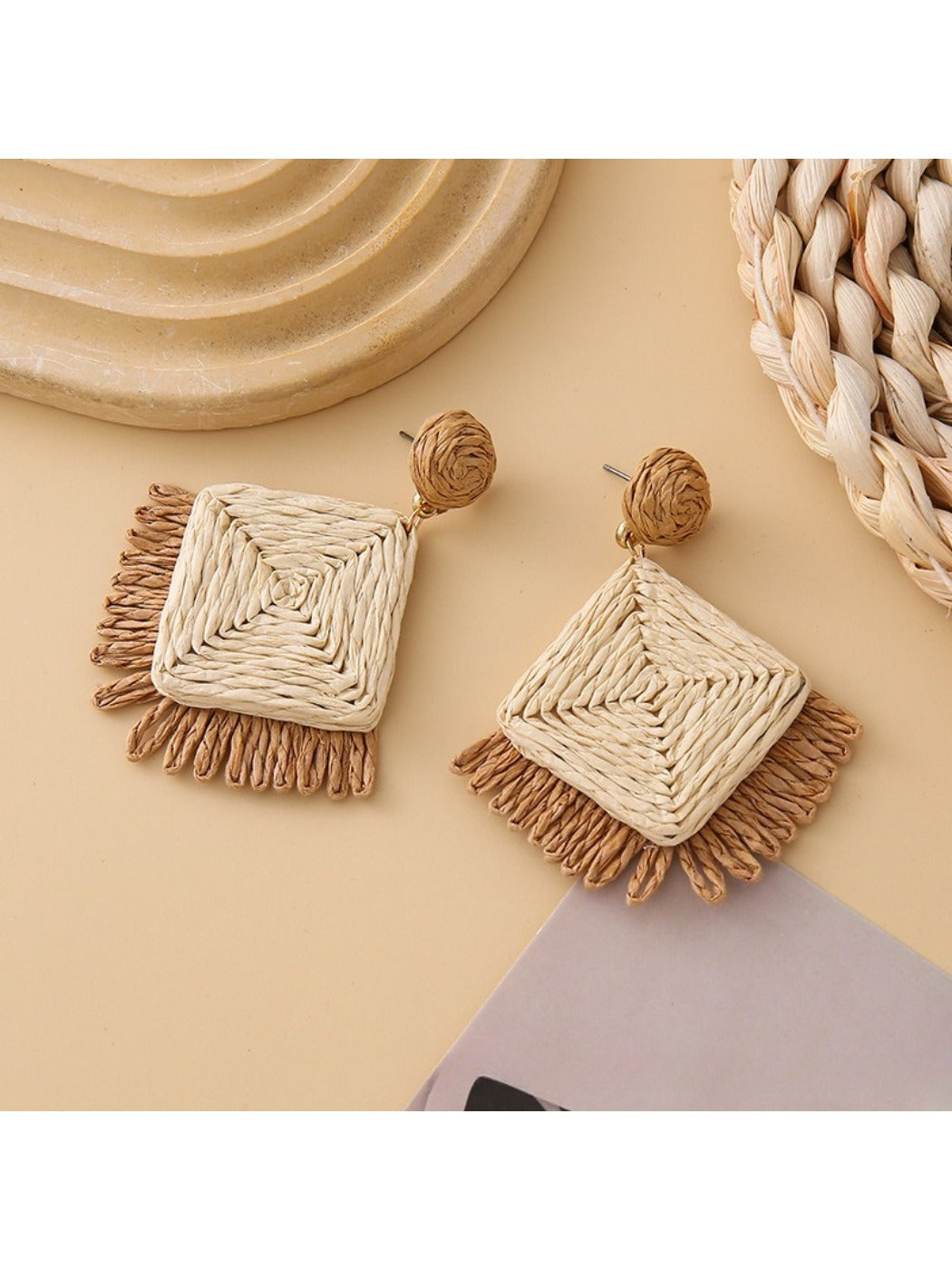 Earedge geometric raffia square earrings in natural light highlighting woven details