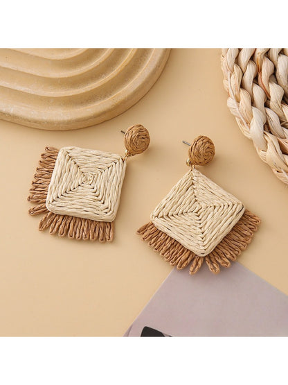 Earedge geometric raffia square earrings in natural light highlighting woven details