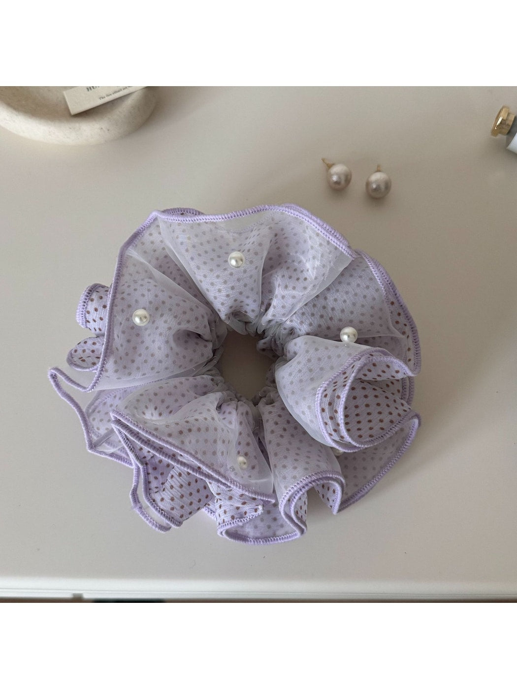 Gifty - Ruffled Polka Dot Mesh-Look Polyester Scrunchie