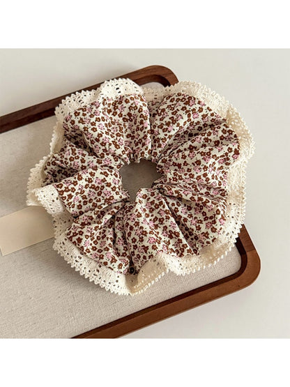 Side view of Gifty tiny floral lace trim scrunchie showing fabric texture