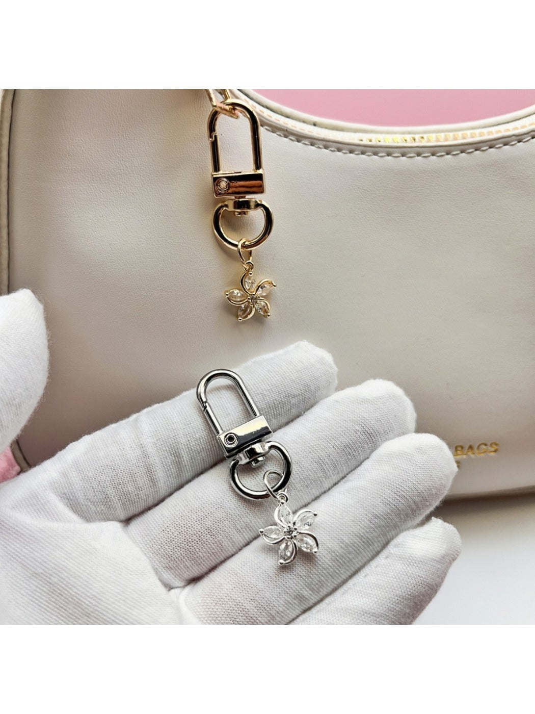 Side view of Keypus flower keychain showing detailed petal design and gold clasp
