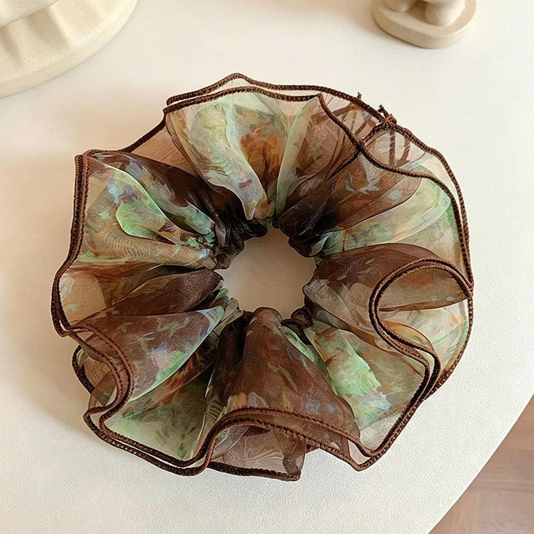 Gifty - Elegant Brown Print Ruffle Scrunchie