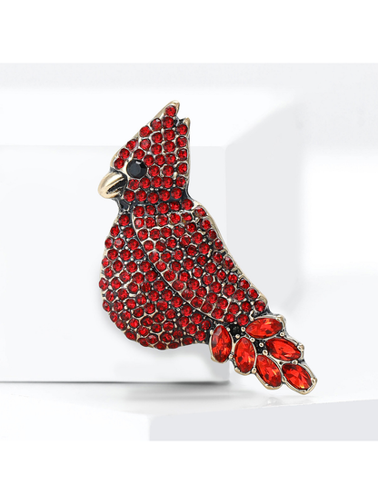 Brovia - Red Bird Rhinestone Accent Brooch Pin