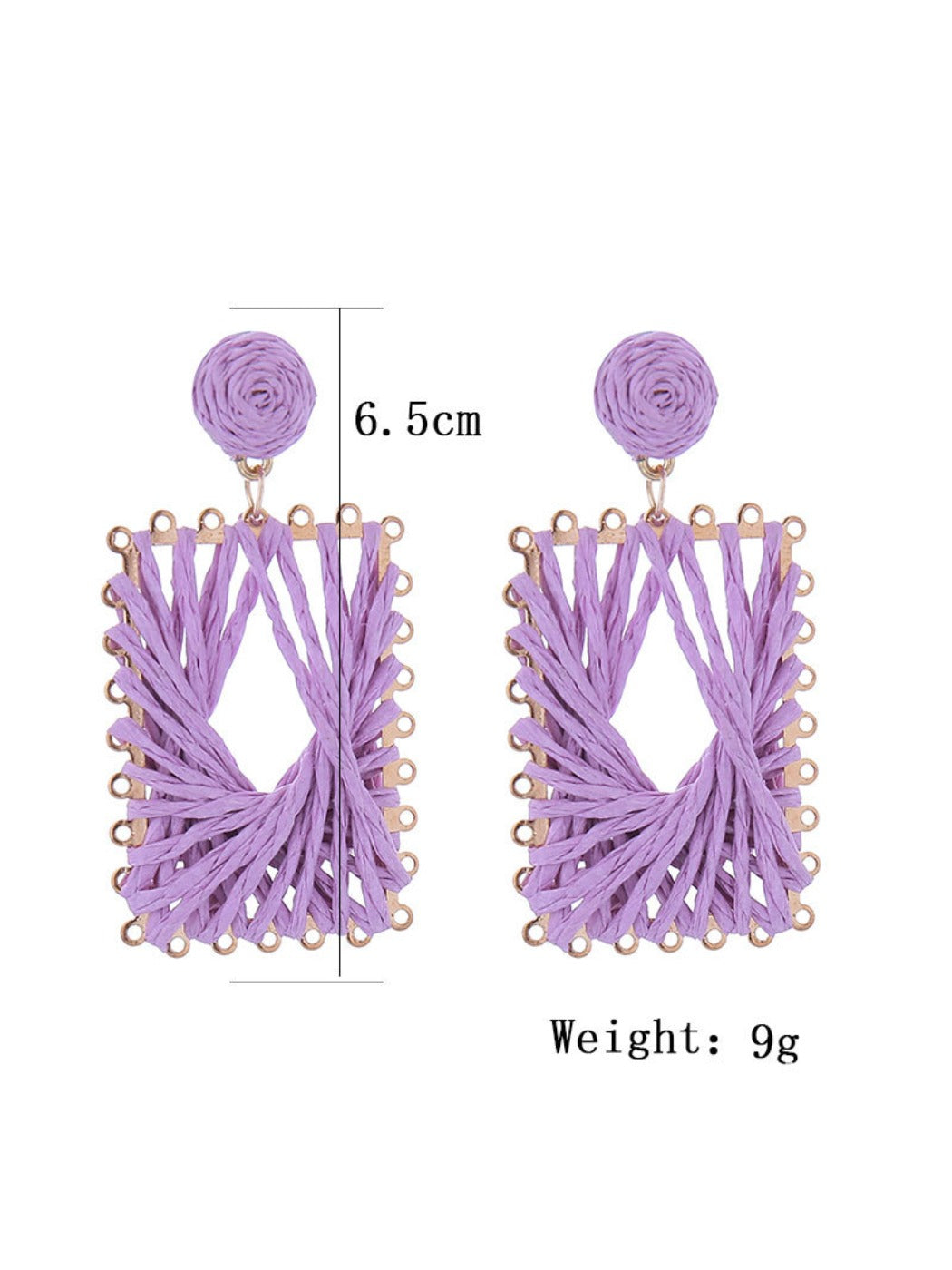 Side view of raffia wrapped square earrings showing texture and detail