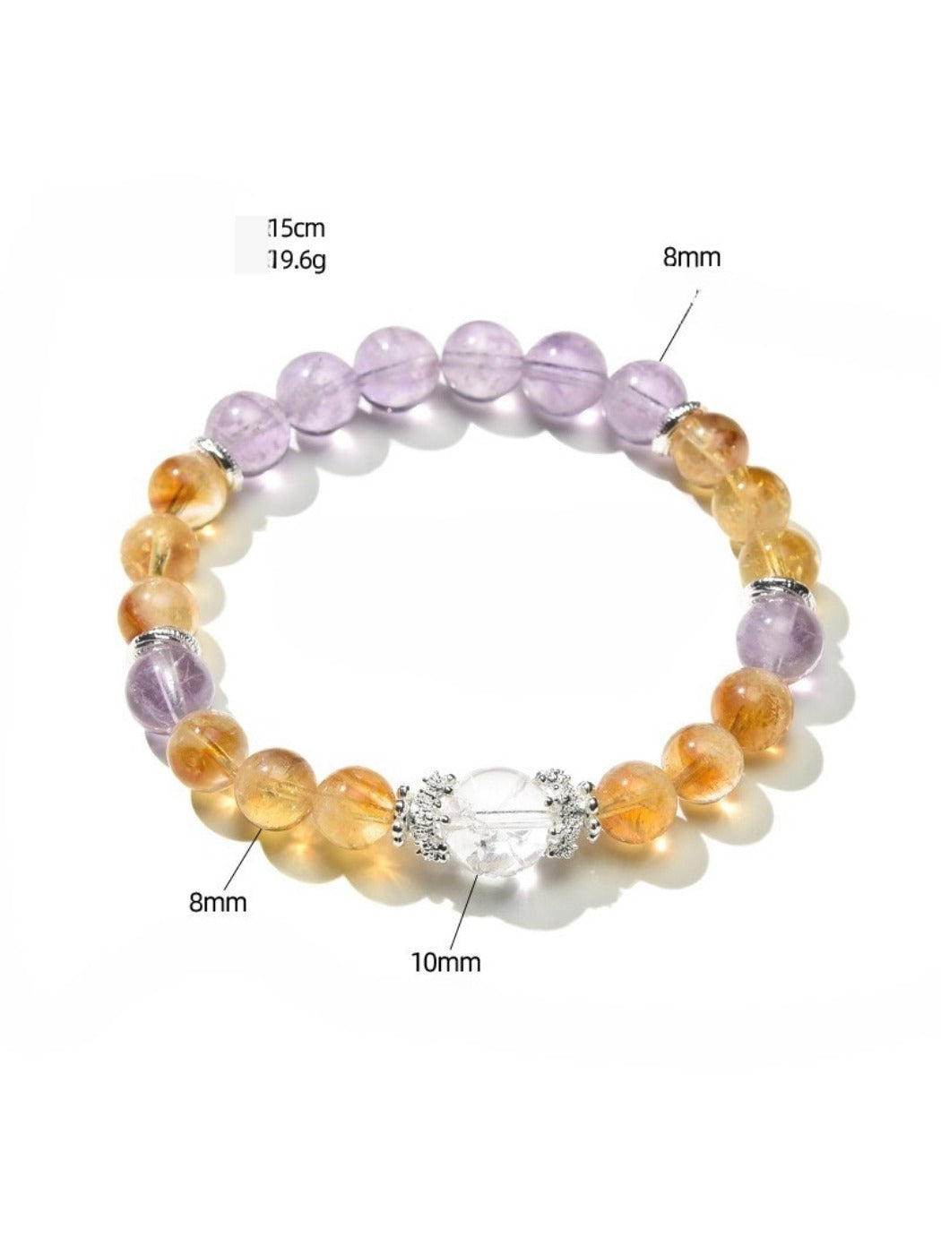 Lovra bracelet featuring alternating purple and yellow crystal beads on a wrist