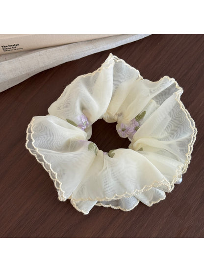 Gifty - Embroidered Sheer Ruffled Floral Scrunchie