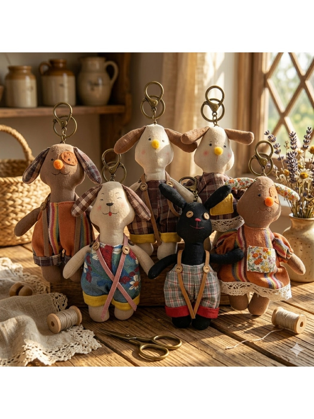 Fabric keychain shaped like a cute puppy with stitched details and a metal keyring