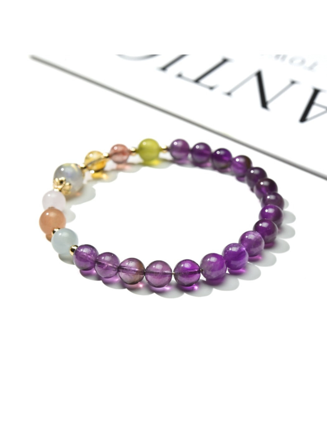 Side view of Lovra minimalist amethyst beaded bracelet highlighting bead texture