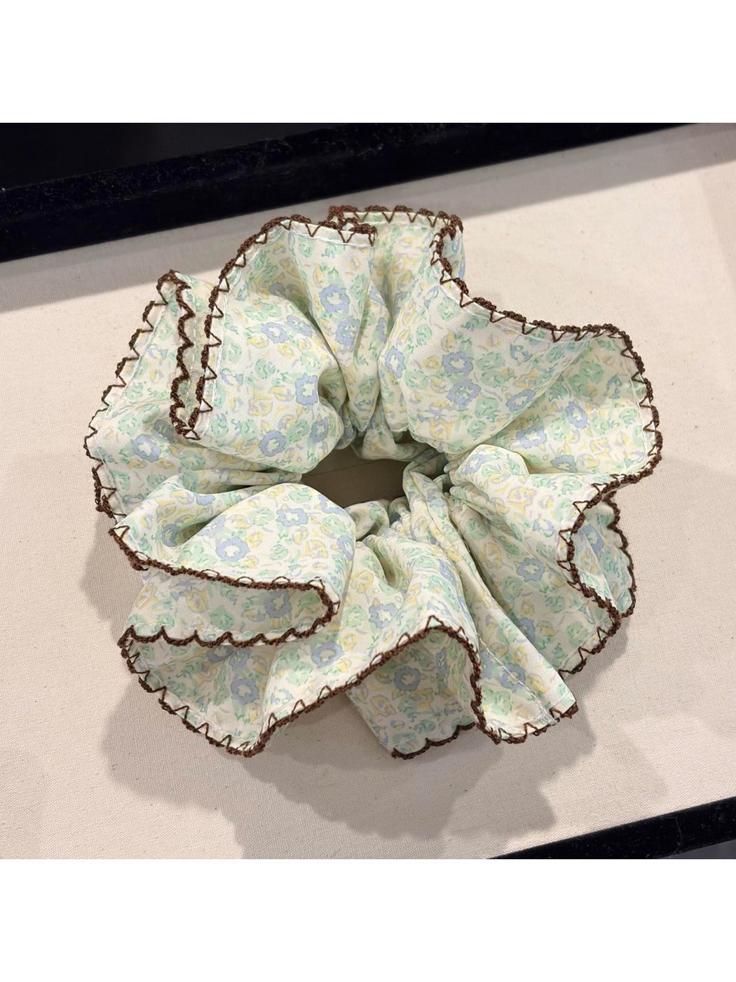 Gifty vintage print double layer scrunchie on a white background