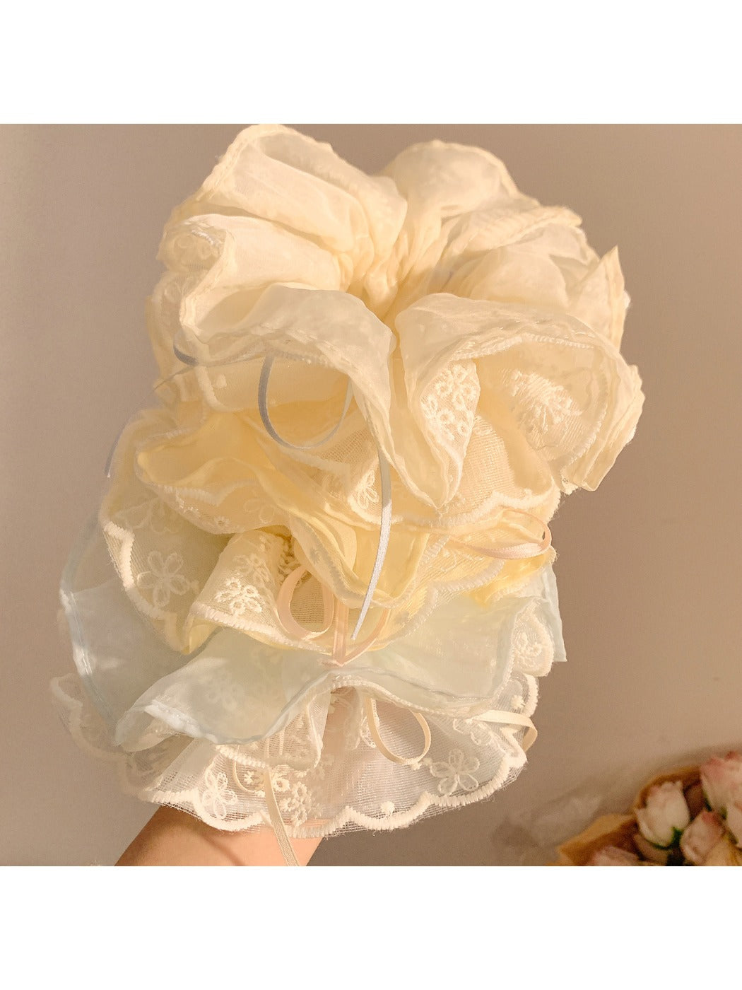 Close-up of Gifty double layer tulle scrunchie showing texture and layers