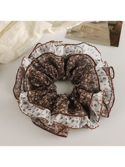 Gifty - Floral Lace Trim Ruffled Fabric Scrunchie
