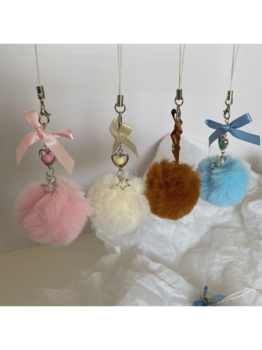 Keypus - Beaded Heart Bow Pom Pom Bag Charm Keychain
