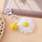 Side angle of raffia sunflower keychain highlighting texture and shape