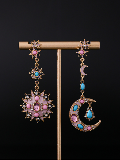 Earedge - Retro Sun and Moon Dangle Stud Earrings