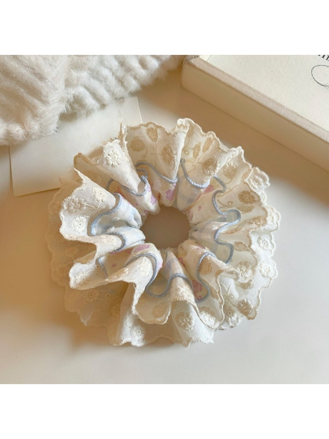 Sweet Blue Lace double scrunchie with delicate floral lace pattern