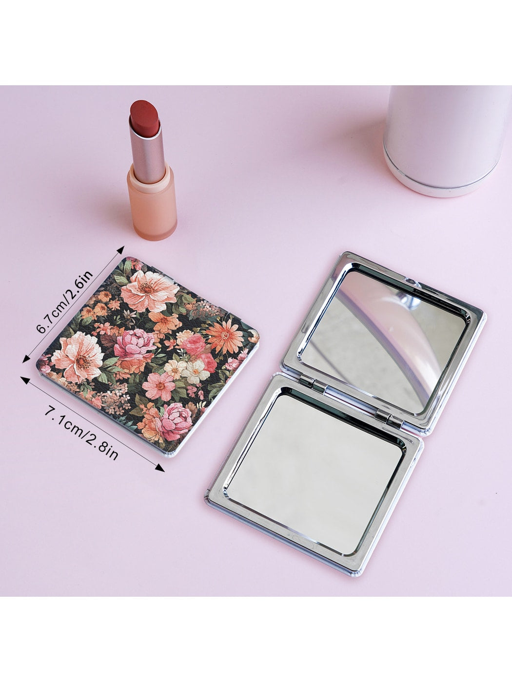 Mirroray - Floral Print PU Folding Makeup Mirror